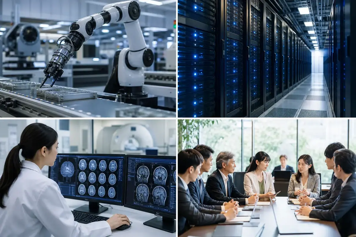 AI進化の最前線：物理AIの産業化とデータセンター革新、医療応用、そしてルール形成に関するイメージ