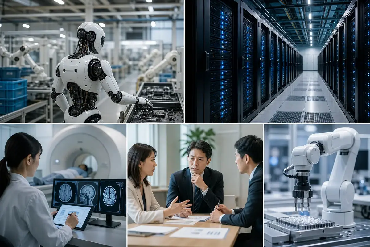 AI進化の最前線：物理AIの産業化とデータセンター革新、医療応用、そしてルール形成に関するイメージ
