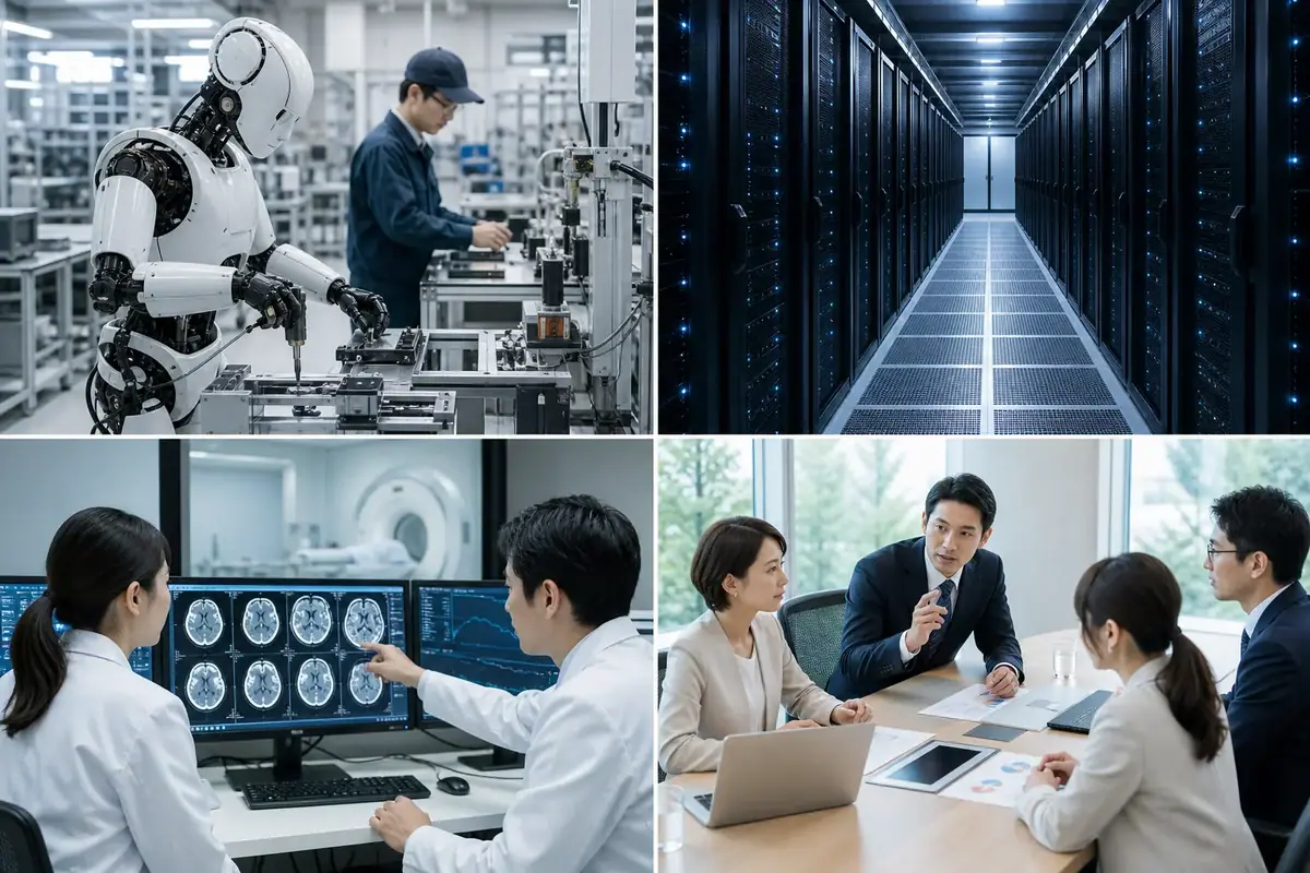 AI進化の最前線：物理AIの産業化とデータセンター革新、医療応用、そしてルール形成に関するイメージ