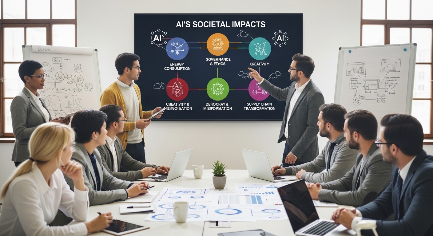 AIの進化が社会にもたらす多角的な影響と課題:電力消費、ガバナンス、創造性、民主主義、サプライチェーンの変革に関するイメージ