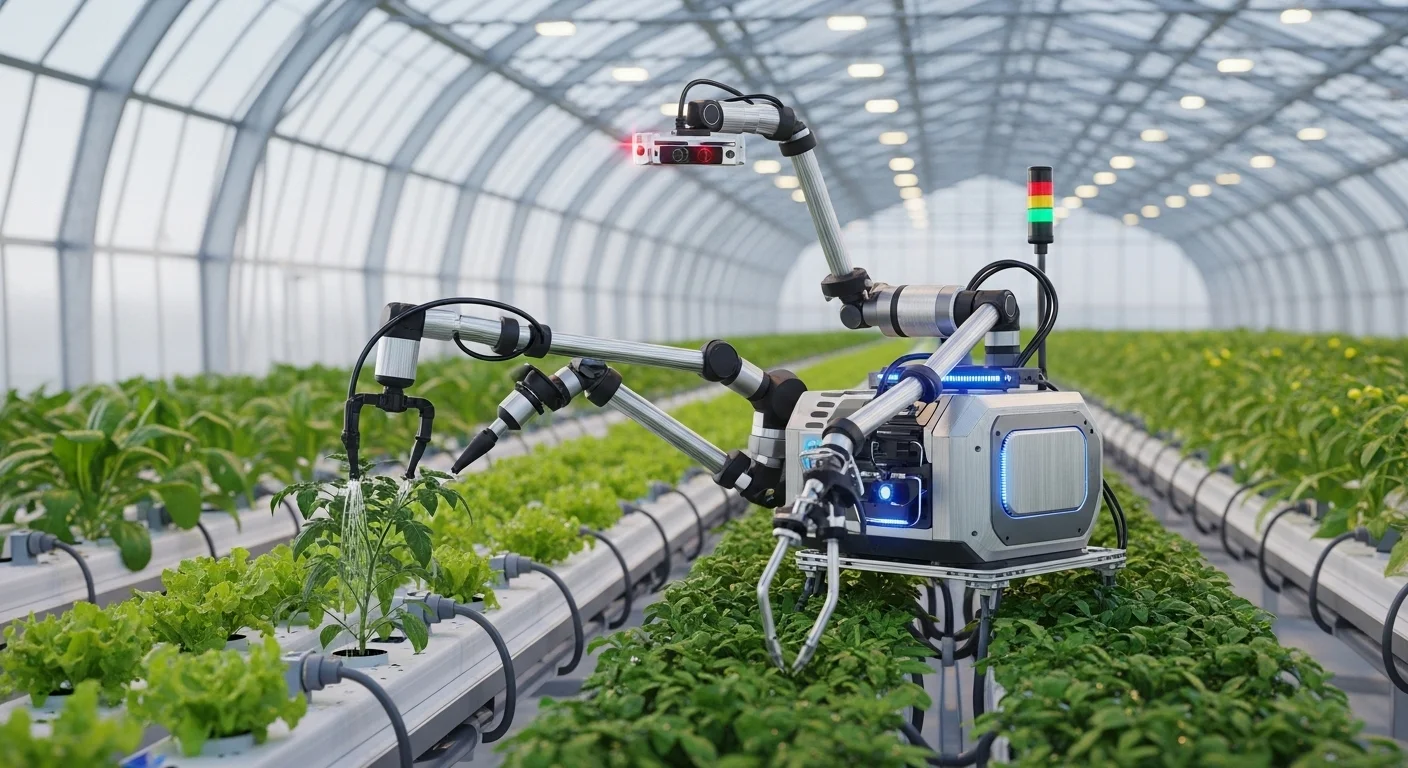 ハイテク温室で作物を手入れするスマート農業ロボット