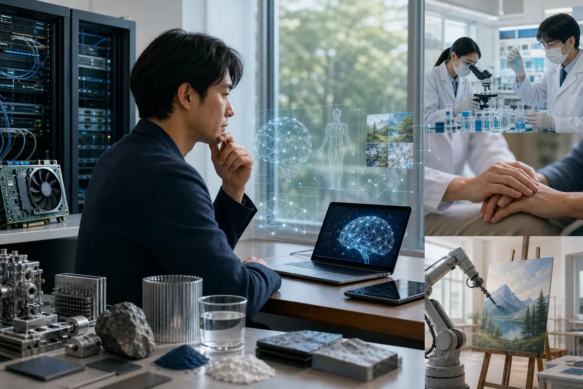 AIの実体と影響を徹底解説：ハードウェア、新素材、水問題、医療倫理、クリエイティブ統合に関するイメージ