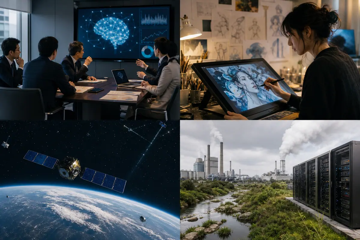 AIの光と影：誇大広告規制、創造性、宇宙安全保障、環境負荷が示す未来に関するイメージ