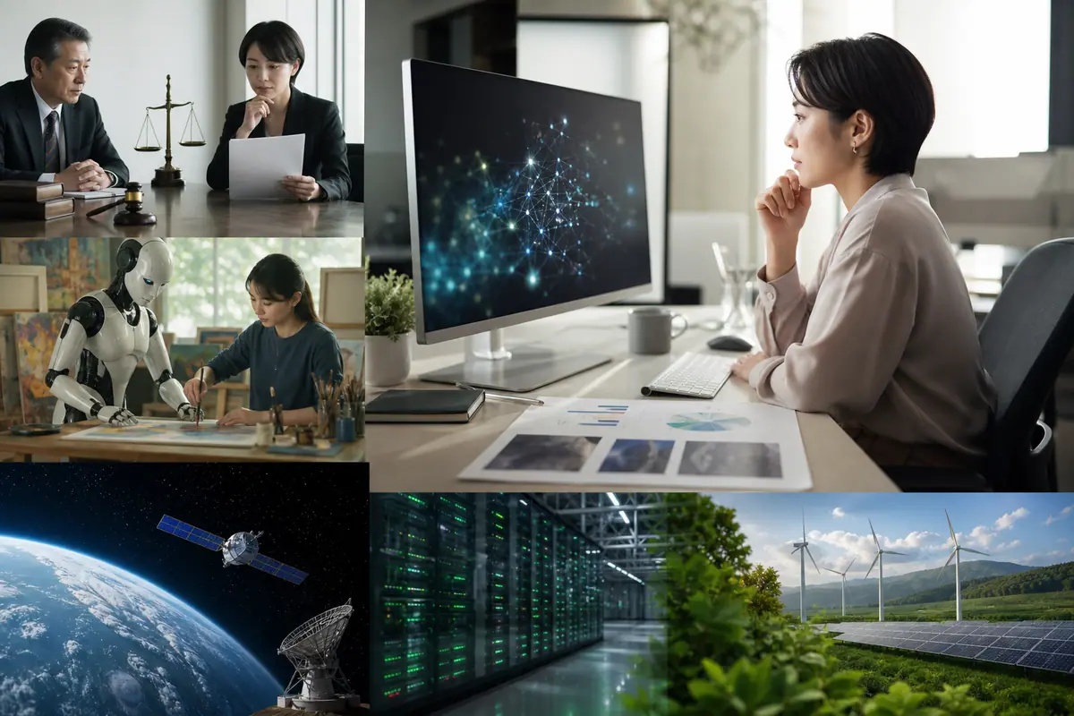 AIの光と影：誇大広告規制、創造性、宇宙安全保障、環境負荷が示す未来に関するイメージ