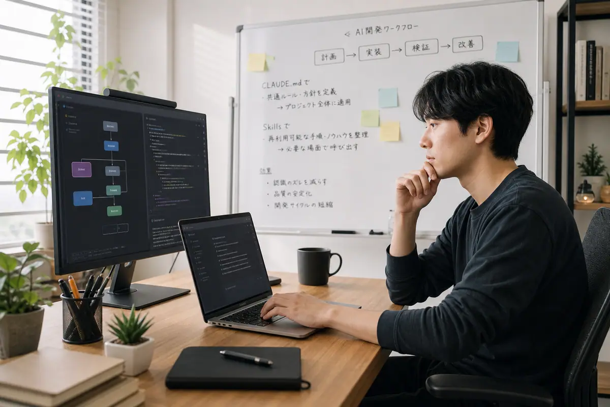 Claude CodeのCLAUDE.mdとSkillsを使い分け、AI開発ワークフローを効率化するに関するイメージ